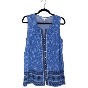 J. Jill Women's Lupine Blue Border Print Sleeveless Top Rayon Size Medium